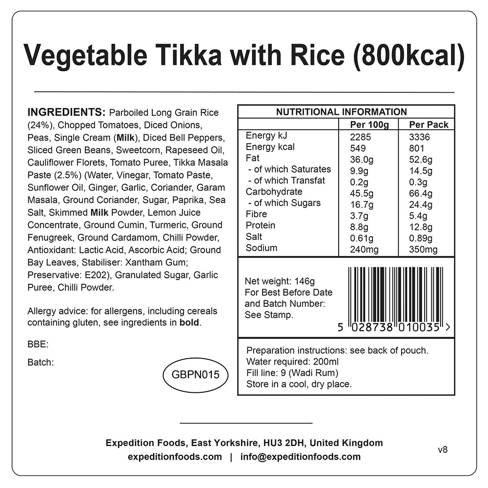 800 Kcal 輕量化脫水食物 Expedition Foods Vegetable Tikka (High Energy 800kcal)