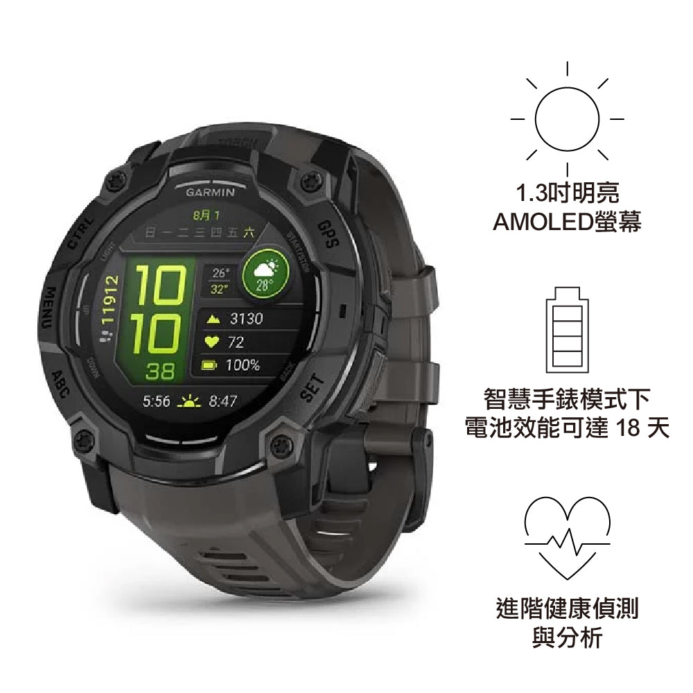 【預售 VIP 優惠，最快二至八星期左右有貨 PreSale VIP Exclusive Earliest arrival around 2-8 weeks】全方位戶外進階GPS智慧腕錶 Instinct 3 50mm AMOLED Black with Charcoal Silicone