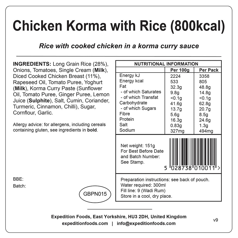 800 Kcal 輕量化脫水食物 Expedition Foods Chicken Korma with Rice (High Energy 800kcal)