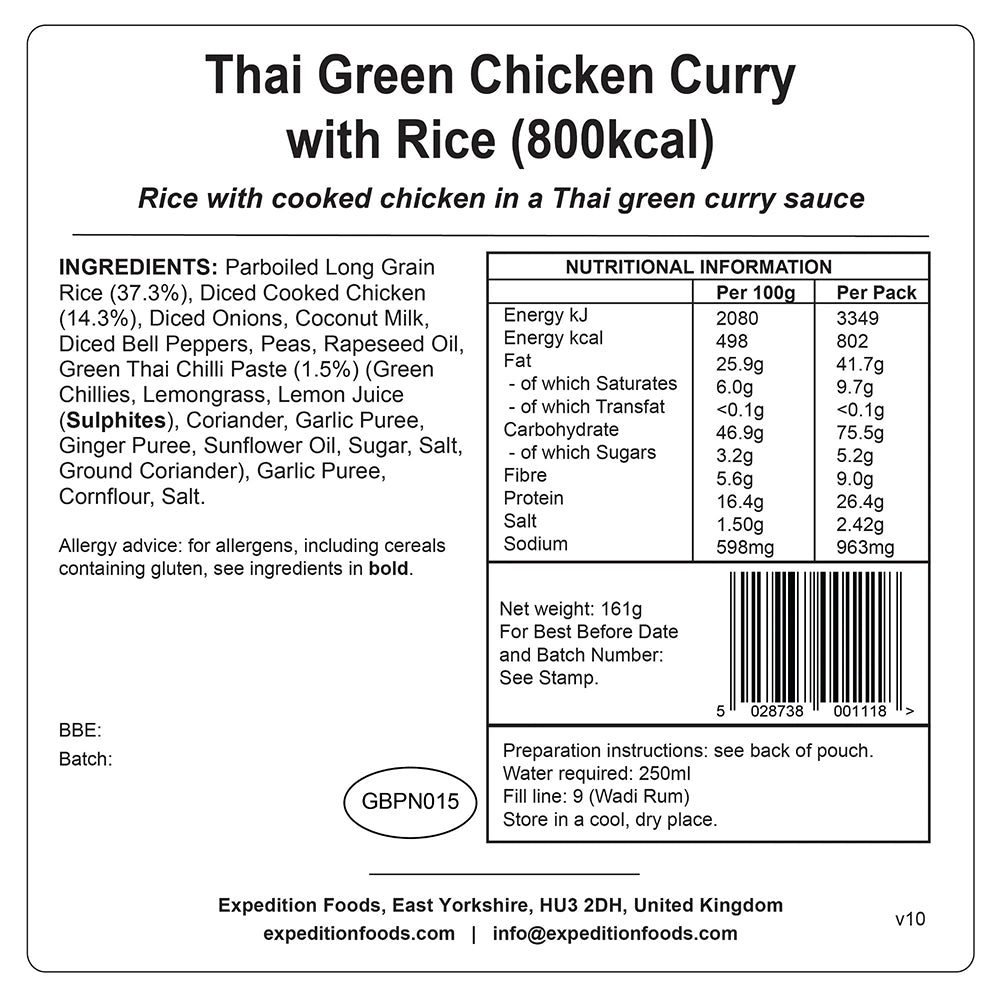 800 Kcal 輕量化脫水食物 Thai Green Chicken Curry with Rice (High Energy 800kcal)